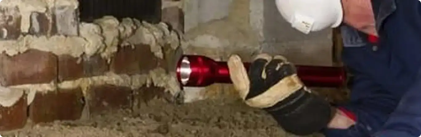 Pest control technician inspecting a crawl space for ant activity in Washington, IL