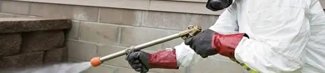 Pest control technician applying exterior insect treatment along a home foundation in Peoria, IL