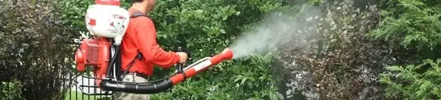 Mosquito control technician fogging shrubs and landscaping for mosquito treatment in Peoria, IL