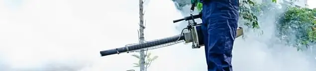 Pest control technician fogging an outdoor area for insect control in Peoria, IL