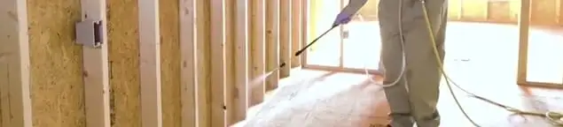 Termite treatment technician applying spray along framing and unfinished walls in Peoria, IL